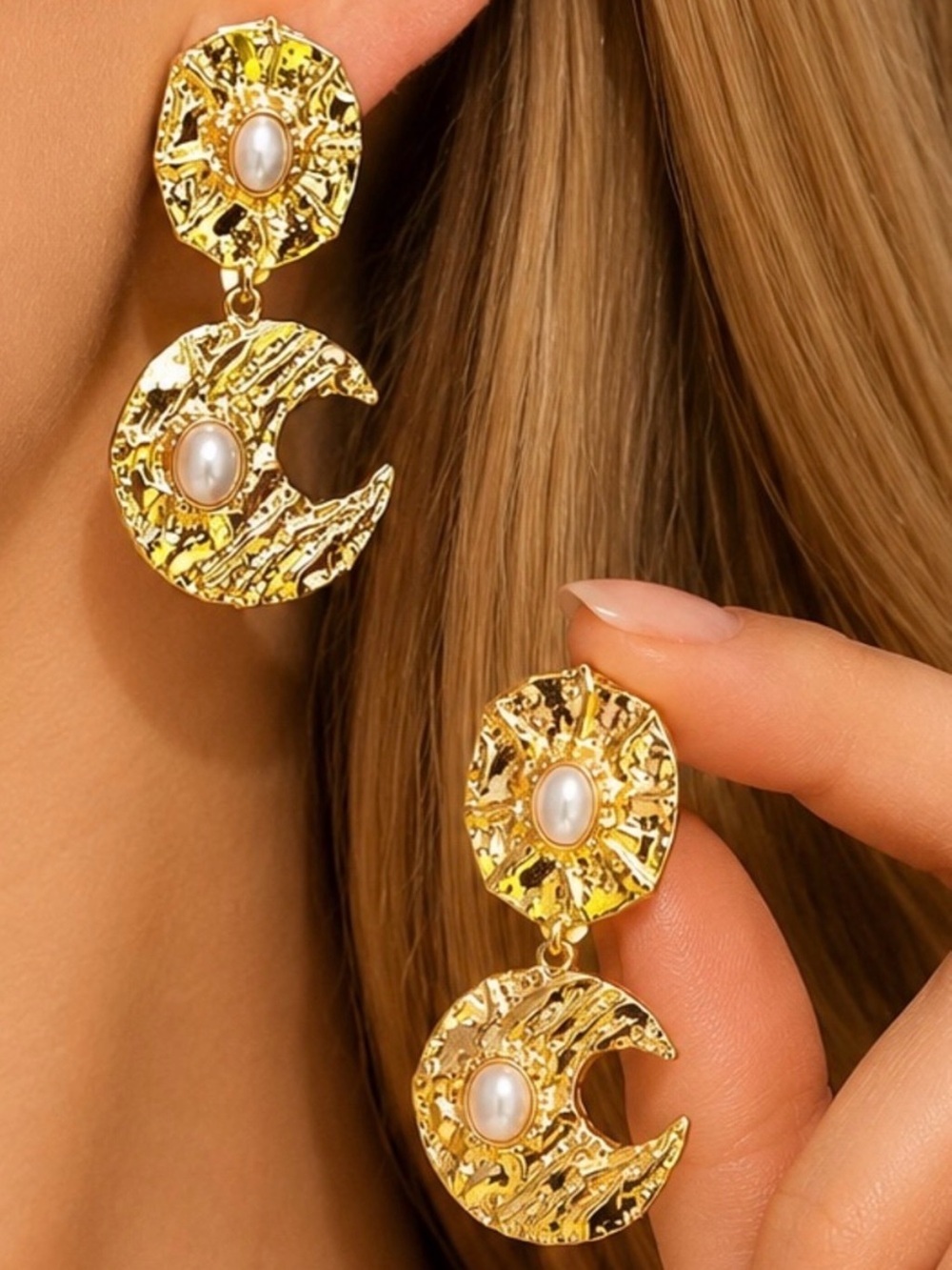 Gold and Pearl Moon Drop Earrings